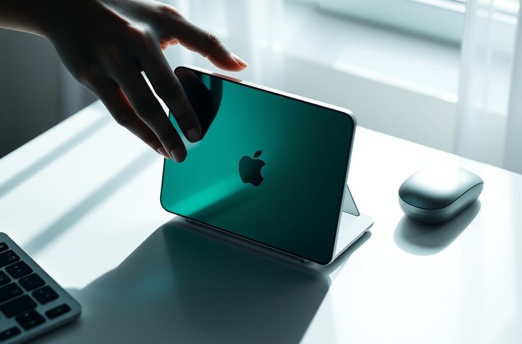A sleek Apple device on a minimalist white desk, its screen reflecting soft emerald light onto the surface. A pair of hands gently adjusting the device angle. Shot on 50mm lens with shallow depth of field. Natural window light from the left creating long morning shadows. Color graded with deep navy shadows and emerald accent light. Professional editorial photograph, product aesthetic. Subject centered in middle third of frame. No text, no letters, no words, no writing, no signs, no labels, no watermarks, no logos, no typography, no numbers on surfaces.