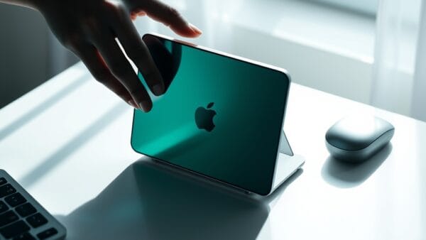 A sleek Apple device on a minimalist white desk, its screen reflecting soft emerald light onto the surface. A pair of hands gently adjusting the device angle. Shot on 50mm lens with shallow depth of field. Natural window light from the left creating long morning shadows. Color graded with deep navy shadows and emerald accent light. Professional editorial photograph, product aesthetic. Subject centered in middle third of frame. No text, no letters, no words, no writing, no signs, no labels, no watermarks, no logos, no typography, no numbers on surfaces.
