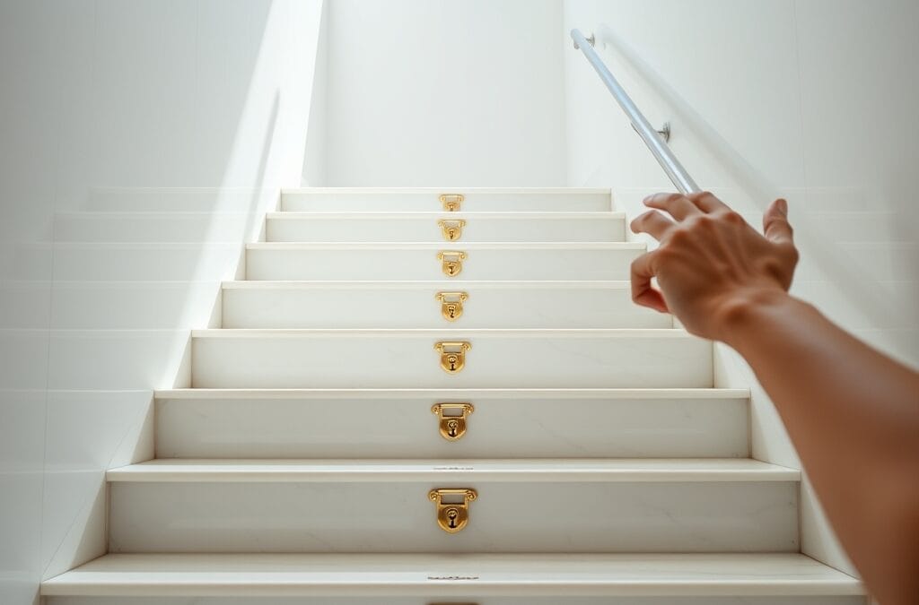 Escalier en marbre blanc avec cadenas dorés sur chaque marche symbolisant les 7 étapes de protection des données avec l'IA
