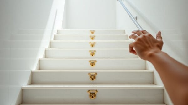 Escalier en marbre blanc avec cadenas dorés sur chaque marche symbolisant les 7 étapes de protection des données avec l'IA