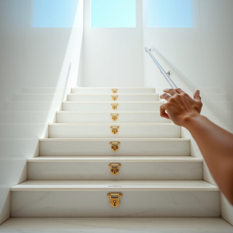 Comment protéger ses données quand on utilise l'IA : le guide complet en 7 étapes 2 Escalier en marbre blanc avec cadenas dorés sur chaque marche symbolisant les 7 étapes de protection des données avec l'IA