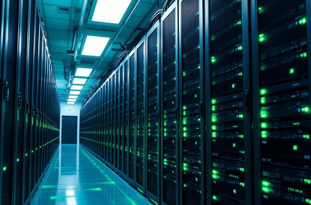 A dense server rack room with rows of blinking indicator lights in emerald green and deep navy, cables neatly bundled running between tall black metal towers. Shot on 35mm lens with deep depth of field. Cool overhead fluorescent lighting casting blue-white tones with green LED reflections on the polished floor. Color graded with deep navy shadows and emerald accent light. Professional editorial photograph, documentary aesthetic. Subject centered in middle third of frame. No text, no letters, no words, no writing, no signs, no labels, no watermarks, no logos, no typography, no numbers on surfaces.