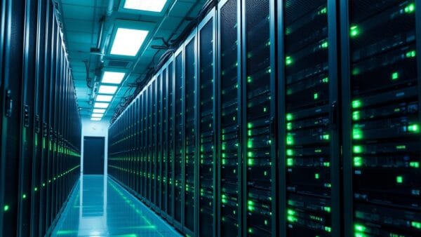 A dense server rack room with rows of blinking indicator lights in emerald green and deep navy, cables neatly bundled running between tall black metal towers. Shot on 35mm lens with deep depth of field. Cool overhead fluorescent lighting casting blue-white tones with green LED reflections on the polished floor. Color graded with deep navy shadows and emerald accent light. Professional editorial photograph, documentary aesthetic. Subject centered in middle third of frame. No text, no letters, no words, no writing, no signs, no labels, no watermarks, no logos, no typography, no numbers on surfaces.