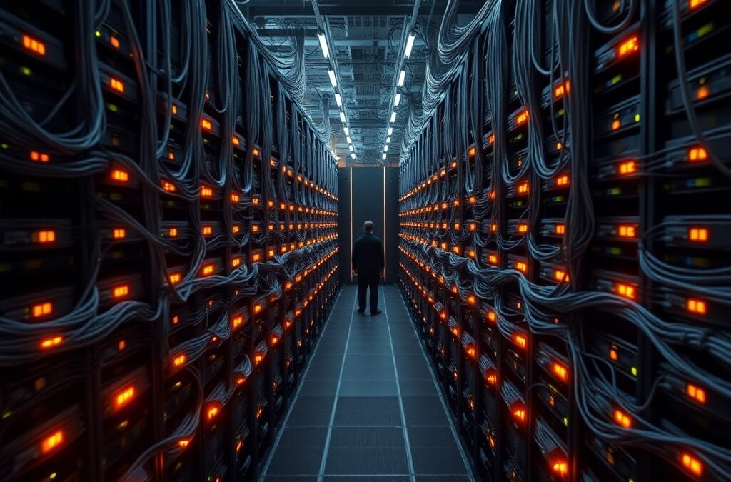 An overhead view of a massive data center floor, hundreds of network cables converging toward a central switch like veins in a leaf, amber and emerald status lights dotting the dark navy hardware. A single human silhouette standing at the far end of the corridor for scale. Shot on 35mm lens with deep depth of field. Cool overhead industrial lighting with warm amber highlights on cable bundles. Color graded with deep navy shadows and amber highlights. Professional editorial photograph, photojournalism aesthetic. Subject centered in middle third of frame. No text, no letters, no words, no writing, no signs, no labels, no watermarks, no logos, no typography, no numbers on surfaces.