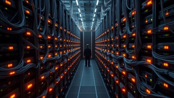 An overhead view of a massive data center floor, hundreds of network cables converging toward a central switch like veins in a leaf, amber and emerald status lights dotting the dark navy hardware. A single human silhouette standing at the far end of the corridor for scale. Shot on 35mm lens with deep depth of field. Cool overhead industrial lighting with warm amber highlights on cable bundles. Color graded with deep navy shadows and amber highlights. Professional editorial photograph, photojournalism aesthetic. Subject centered in middle third of frame. No text, no letters, no words, no writing, no signs, no labels, no watermarks, no logos, no typography, no numbers on surfaces.