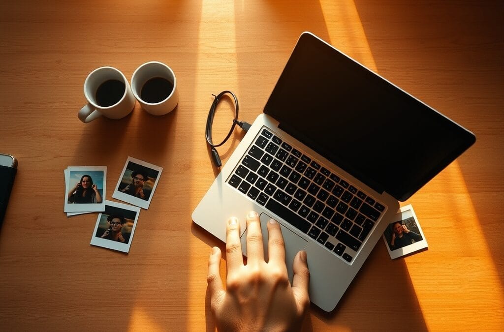 A cozy home office desk seen from above, a laptop open next to a ceramic coffee mug and scattered polaroid photos, warm golden hour light streaming through a window casting long shadows across the wooden surface. A hand reaching for the laptop trackpad. Shot on 50mm lens with shallow depth of field. Golden hour window light with warm amber tones on wood grain. Color graded with deep navy shadows and warm amber highlights. Professional editorial photograph, documentary aesthetic. Subject centered in middle third of frame. No text, no letters, no words, no writing, no signs, no labels, no watermarks, no logos, no typography, no numbers on surfaces.