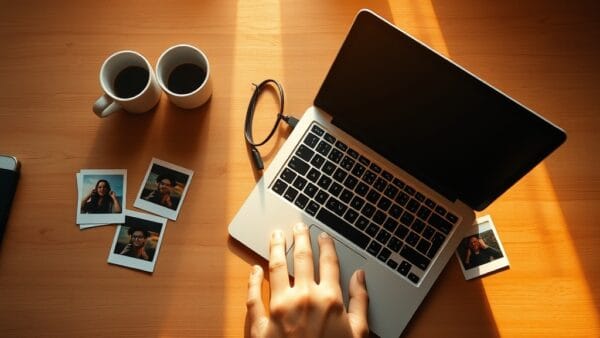 A cozy home office desk seen from above, a laptop open next to a ceramic coffee mug and scattered polaroid photos, warm golden hour light streaming through a window casting long shadows across the wooden surface. A hand reaching for the laptop trackpad. Shot on 50mm lens with shallow depth of field. Golden hour window light with warm amber tones on wood grain. Color graded with deep navy shadows and warm amber highlights. Professional editorial photograph, documentary aesthetic. Subject centered in middle third of frame. No text, no letters, no words, no writing, no signs, no labels, no watermarks, no logos, no typography, no numbers on surfaces.