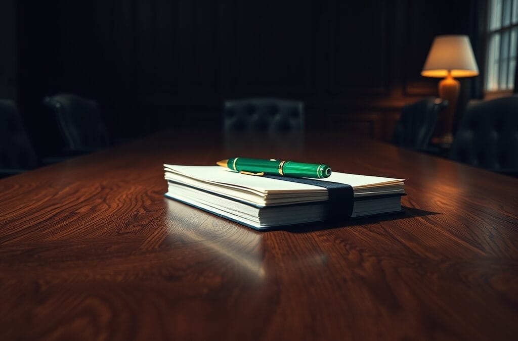 A heavy oak conference table in a dimly lit boardroom, a thick stack of legal documents bound with a dark navy ribbon placed at the center, an emerald green pen resting on top. Empty leather chairs surrounding the table. Shot on 35mm lens with deep depth of field. Warm desk lamp light from one side creating dramatic chiaroscuro across the polished wood surface. Color graded with deep navy shadows and emerald accent light. Professional editorial photograph, photojournalism aesthetic. Subject centered in middle third of frame. No text, no letters, no words, no writing, no signs, no labels, no watermarks, no logos, no typography, no numbers on surfaces.