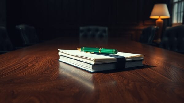 A heavy oak conference table in a dimly lit boardroom, a thick stack of legal documents bound with a dark navy ribbon placed at the center, an emerald green pen resting on top. Empty leather chairs surrounding the table. Shot on 35mm lens with deep depth of field. Warm desk lamp light from one side creating dramatic chiaroscuro across the polished wood surface. Color graded with deep navy shadows and emerald accent light. Professional editorial photograph, photojournalism aesthetic. Subject centered in middle third of frame. No text, no letters, no words, no writing, no signs, no labels, no watermarks, no logos, no typography, no numbers on surfaces.