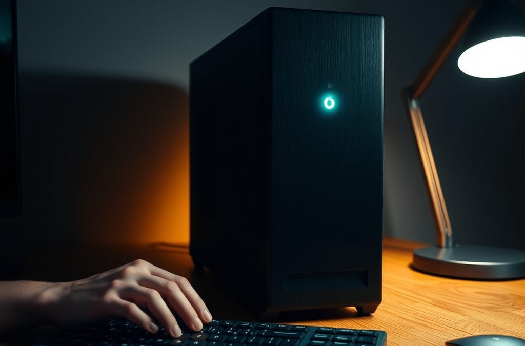 A sleek matte-black desktop computer tower sitting on a clean oak desk, its single LED power indicator glowing softly. A pair of hands rests on a wireless keyboard nearby, mid-gesture as if pausing thought. Shot on 50mm lens with shallow depth of field. Cool overhead studio light with a warm desk lamp casting amber on the wood grain. Color graded with deep navy shadows and emerald accent light reflecting off the aluminum chassis. Professional editorial photograph, product aesthetic. Subject centered in middle third of frame. No text, no letters, no words, no writing, no signs, no labels, no watermarks, no logos, no typography, no numbers on surfaces.