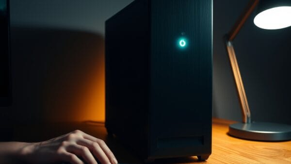 A sleek matte-black desktop computer tower sitting on a clean oak desk, its single LED power indicator glowing softly. A pair of hands rests on a wireless keyboard nearby, mid-gesture as if pausing thought. Shot on 50mm lens with shallow depth of field. Cool overhead studio light with a warm desk lamp casting amber on the wood grain. Color graded with deep navy shadows and emerald accent light reflecting off the aluminum chassis. Professional editorial photograph, product aesthetic. Subject centered in middle third of frame. No text, no letters, no words, no writing, no signs, no labels, no watermarks, no logos, no typography, no numbers on surfaces.