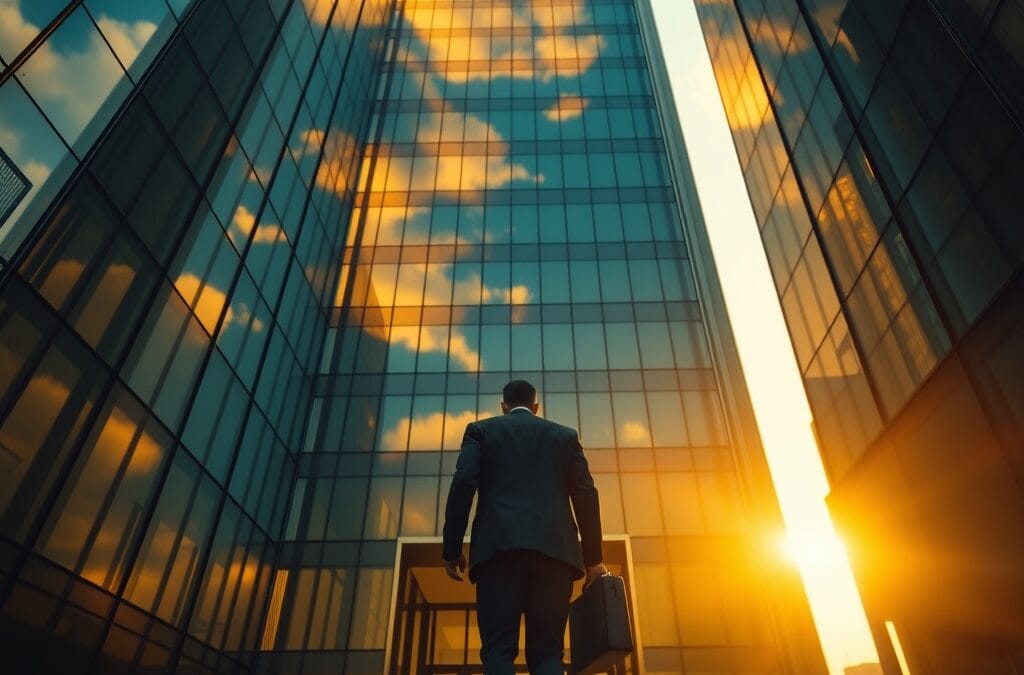 A towering glass-and-steel skyscraper seen from ground level, its facade reflecting clouds at golden hour. A silhouette of a person in a business suit walks toward the entrance, briefcase in hand. Shot on 35mm lens with deep depth of field. Golden hour light pouring through the urban canyon, warm amber reflections on glass panels. Color graded with deep navy shadows and emerald accent light catching the building edges. Professional editorial photograph, photojournalism aesthetic. Subject centered in middle third of frame. No text, no letters, no words, no writing, no signs, no labels, no watermarks, no logos, no typography, no numbers on surfaces.