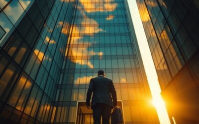 A towering glass-and-steel skyscraper seen from ground level, its facade reflecting clouds at golden hour. A silhouette of a person in a business suit walks toward the entrance, briefcase in hand. Shot on 35mm lens with deep depth of field. Golden hour light pouring through the urban canyon, warm amber reflections on glass panels. Color graded with deep navy shadows and emerald accent light catching the building edges. Professional editorial photograph, photojournalism aesthetic. Subject centered in middle third of frame. No text, no letters, no words, no writing, no signs, no labels, no watermarks, no logos, no typography, no numbers on surfaces.