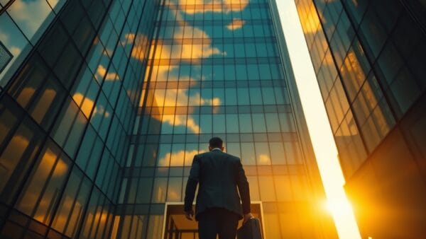 A towering glass-and-steel skyscraper seen from ground level, its facade reflecting clouds at golden hour. A silhouette of a person in a business suit walks toward the entrance, briefcase in hand. Shot on 35mm lens with deep depth of field. Golden hour light pouring through the urban canyon, warm amber reflections on glass panels. Color graded with deep navy shadows and emerald accent light catching the building edges. Professional editorial photograph, photojournalism aesthetic. Subject centered in middle third of frame. No text, no letters, no words, no writing, no signs, no labels, no watermarks, no logos, no typography, no numbers on surfaces.