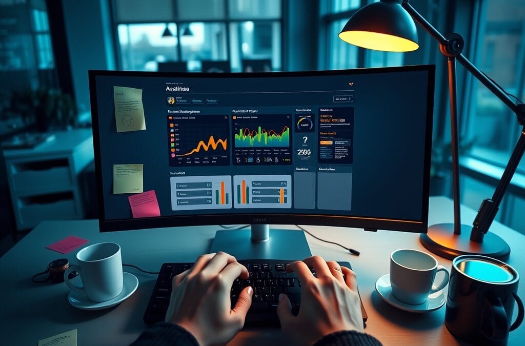A modern open-plan office workspace with a large curved monitor displaying a colorful dashboard, surrounded by sticky notes and coffee cups. A pair of hands types on a mechanical keyboard. Shot on 35mm lens with shallow depth of field. Natural window light streaming from the left, cool blue tones mixing with warm desk lamp glow. Color graded with deep navy shadows and emerald accent light on the monitor bezel. Professional editorial photograph, documentary aesthetic. Subject centered in middle third of frame. No text, no letters, no words, no writing, no signs, no labels, no watermarks, no logos, no typography, no numbers on surfaces.