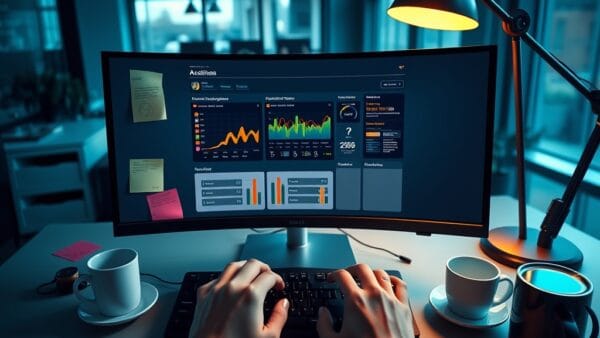 A modern open-plan office workspace with a large curved monitor displaying a colorful dashboard, surrounded by sticky notes and coffee cups. A pair of hands types on a mechanical keyboard. Shot on 35mm lens with shallow depth of field. Natural window light streaming from the left, cool blue tones mixing with warm desk lamp glow. Color graded with deep navy shadows and emerald accent light on the monitor bezel. Professional editorial photograph, documentary aesthetic. Subject centered in middle third of frame. No text, no letters, no words, no writing, no signs, no labels, no watermarks, no logos, no typography, no numbers on surfaces.