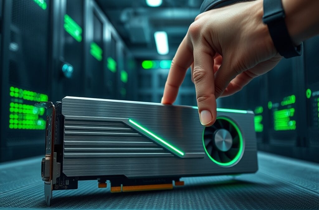 A high-end GPU graphics card resting on an anti-static mat inside a server room, green LED strips reflecting on its brushed aluminum heatsink. A technician hand wearing an anti-static wrist strap reaches toward it. Shot on 85mm lens with shallow depth of field. Cool overhead fluorescent light with emerald green accent from rack LEDs. Color graded with deep navy shadows and emerald accent light bouncing off metallic surfaces. Professional editorial photograph, product aesthetic. Subject centered in middle third of frame. No text, no letters, no words, no writing, no signs, no labels, no watermarks, no logos, no typography, no numbers on surfaces.