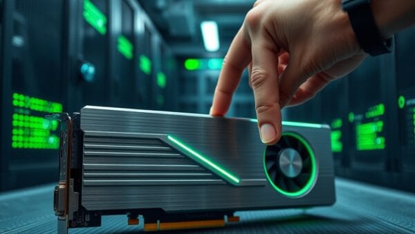 A high-end GPU graphics card resting on an anti-static mat inside a server room, green LED strips reflecting on its brushed aluminum heatsink. A technician hand wearing an anti-static wrist strap reaches toward it. Shot on 85mm lens with shallow depth of field. Cool overhead fluorescent light with emerald green accent from rack LEDs. Color graded with deep navy shadows and emerald accent light bouncing off metallic surfaces. Professional editorial photograph, product aesthetic. Subject centered in middle third of frame. No text, no letters, no words, no writing, no signs, no labels, no watermarks, no logos, no typography, no numbers on surfaces.