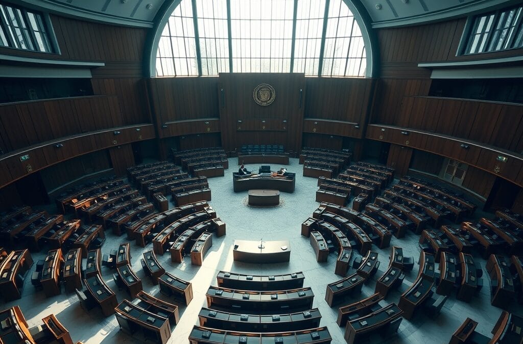A large semicircular diplomatic assembly hall viewed from above, rows of empty wooden desks arranged in concentric arcs under a domed ceiling. A single microphone stands at the central podium. Shot on 35mm lens with deep depth of field. Natural window light filtering through tall arched windows, casting long geometric shadows on marble floors. Color graded with deep navy shadows and emerald accent light catching brass fixtures. Professional editorial photograph, photojournalism aesthetic. Subject centered in middle third of frame. No text, no letters, no words, no writing, no signs, no labels, no watermarks, no logos, no typography, no numbers on surfaces.