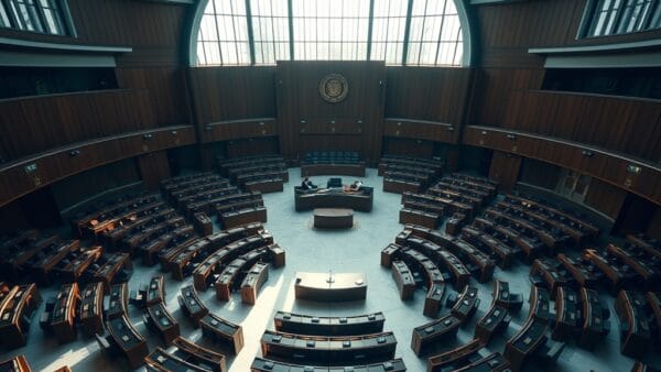 A large semicircular diplomatic assembly hall viewed from above, rows of empty wooden desks arranged in concentric arcs under a domed ceiling. A single microphone stands at the central podium. Shot on 35mm lens with deep depth of field. Natural window light filtering through tall arched windows, casting long geometric shadows on marble floors. Color graded with deep navy shadows and emerald accent light catching brass fixtures. Professional editorial photograph, photojournalism aesthetic. Subject centered in middle third of frame. No text, no letters, no words, no writing, no signs, no labels, no watermarks, no logos, no typography, no numbers on surfaces.