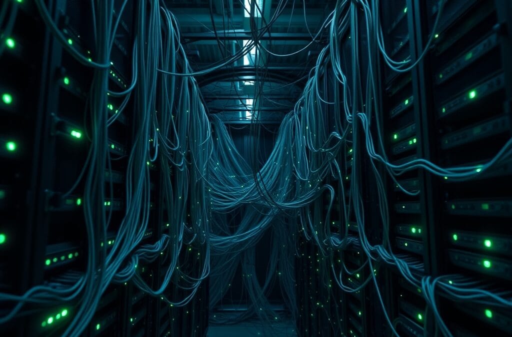 A massive data warehouse server rack with glowing emerald indicator lights, connected by thick fiber optic cables forming a web-like pattern. Shot on 35mm lens with deep depth of field. Cool overhead industrial lighting with scattered emerald accent reflections on metallic surfaces. Color graded with deep navy shadows and emerald accent light. Professional editorial photograph, technology documentary aesthetic. Subject centered in middle third of frame. No text, no letters, no words, no writing, no signs, no labels, no watermarks, no logos, no typography, no numbers on surfaces.