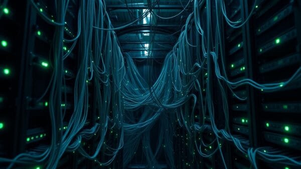 A massive data warehouse server rack with glowing emerald indicator lights, connected by thick fiber optic cables forming a web-like pattern. Shot on 35mm lens with deep depth of field. Cool overhead industrial lighting with scattered emerald accent reflections on metallic surfaces. Color graded with deep navy shadows and emerald accent light. Professional editorial photograph, technology documentary aesthetic. Subject centered in middle third of frame. No text, no letters, no words, no writing, no signs, no labels, no watermarks, no logos, no typography, no numbers on surfaces.