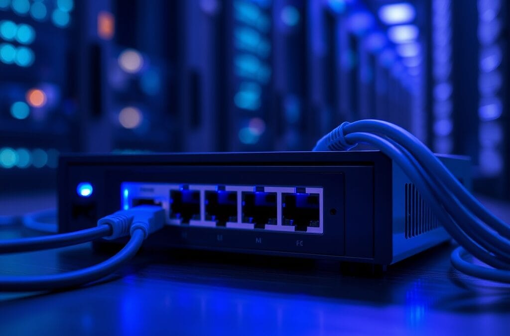 Routeur avec câbles Ethernet bleus dans une salle serveur — test NordVPN 2026 performances et sécurité