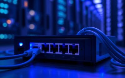 Routeur avec câbles Ethernet bleus dans une salle serveur — test NordVPN 2026 performances et sécurité