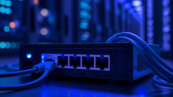 Routeur avec câbles Ethernet bleus dans une salle serveur — test NordVPN 2026 performances et sécurité