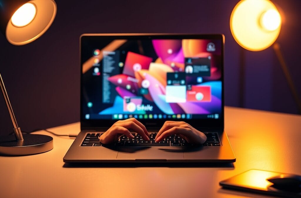 A sleek laptop on a minimalist desk displaying abstract colorful interface elements reflected on its screen surface, with a pair of hands hovering over the keyboard in mid-gesture. Shot on 50mm lens with shallow depth of field. Warm desk lamp lighting casting soft amber highlights with cool blue ambient fill. Color graded with deep navy shadows and amber highlights. Professional editorial photograph, product aesthetic. Subject centered in middle third of frame. No text, no letters, no words, no writing, no signs, no labels, no watermarks, no logos, no typography, no numbers on surfaces.