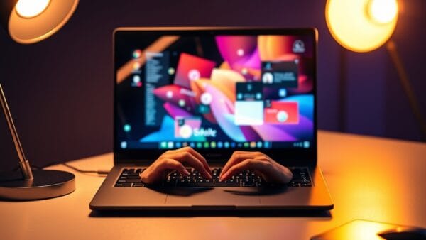 A sleek laptop on a minimalist desk displaying abstract colorful interface elements reflected on its screen surface, with a pair of hands hovering over the keyboard in mid-gesture. Shot on 50mm lens with shallow depth of field. Warm desk lamp lighting casting soft amber highlights with cool blue ambient fill. Color graded with deep navy shadows and amber highlights. Professional editorial photograph, product aesthetic. Subject centered in middle third of frame. No text, no letters, no words, no writing, no signs, no labels, no watermarks, no logos, no typography, no numbers on surfaces.