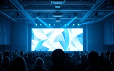 A diverse crowd of silhouettes viewed from behind, standing in a large modern conference hall facing a bright stage with abstract geometric projections. Shot on 35mm lens with deep depth of field. Cool overhead stage lighting with deep blue atmospheric haze and emerald accent spotlights. Color graded with deep navy shadows and emerald accent light. Professional editorial photograph, photojournalism aesthetic. Subject centered in middle third of frame. No text, no letters, no words, no writing, no signs, no labels, no watermarks, no logos, no typography, no numbers on surfaces.