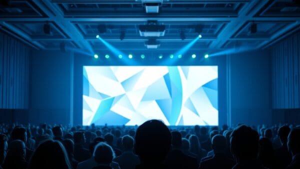 A diverse crowd of silhouettes viewed from behind, standing in a large modern conference hall facing a bright stage with abstract geometric projections. Shot on 35mm lens with deep depth of field. Cool overhead stage lighting with deep blue atmospheric haze and emerald accent spotlights. Color graded with deep navy shadows and emerald accent light. Professional editorial photograph, photojournalism aesthetic. Subject centered in middle third of frame. No text, no letters, no words, no writing, no signs, no labels, no watermarks, no logos, no typography, no numbers on surfaces.