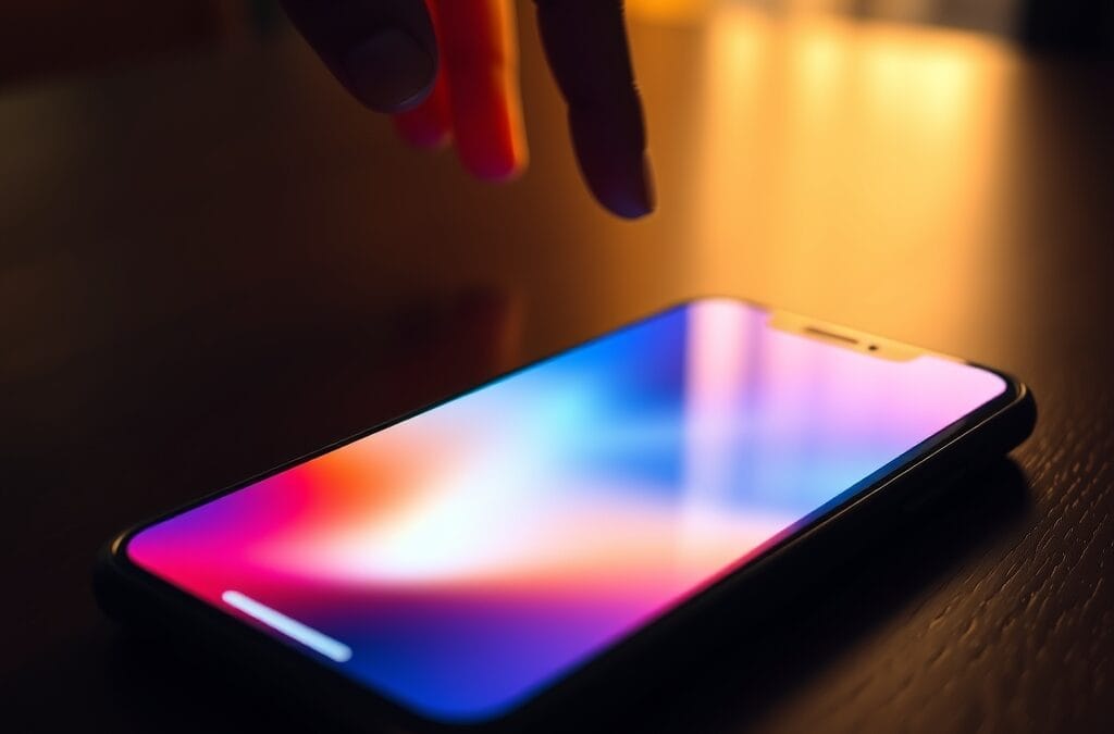 A smartphone lying flat on a dark wooden table, its screen casting a soft colorful glow upward, with a hand reaching toward it from the edge of the frame. Shot on 50mm lens with shallow depth of field. Warm golden hour window light mixing with cool device glow. Color graded with deep navy shadows and amber highlights. Professional editorial photograph, product aesthetic. Subject centered in middle third of frame. No text, no letters, no words, no writing, no signs, no labels, no watermarks, no logos, no typography, no numbers on surfaces.