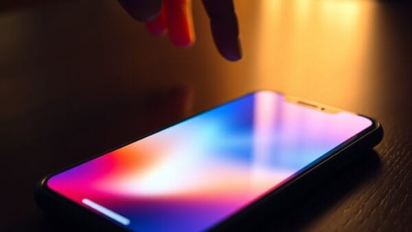 A smartphone lying flat on a dark wooden table, its screen casting a soft colorful glow upward, with a hand reaching toward it from the edge of the frame. Shot on 50mm lens with shallow depth of field. Warm golden hour window light mixing with cool device glow. Color graded with deep navy shadows and amber highlights. Professional editorial photograph, product aesthetic. Subject centered in middle third of frame. No text, no letters, no words, no writing, no signs, no labels, no watermarks, no logos, no typography, no numbers on surfaces.
