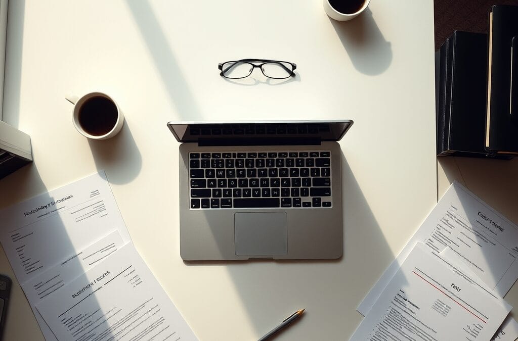 A clean office desk seen from above with a laptop, scattered printed resumes, a coffee cup, and a pair of reading glasses arranged in an organized flat lay composition. Shot on 35mm lens with deep depth of field. Natural window light from the left casting soft shadows with warm amber undertones. Color graded with deep navy shadows and emerald accent light. Professional editorial photograph, documentary aesthetic. Subject centered in middle third of frame. No text, no letters, no words, no writing, no signs, no labels, no watermarks, no logos, no typography, no numbers on surfaces.