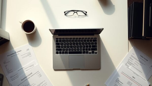 A clean office desk seen from above with a laptop, scattered printed resumes, a coffee cup, and a pair of reading glasses arranged in an organized flat lay composition. Shot on 35mm lens with deep depth of field. Natural window light from the left casting soft shadows with warm amber undertones. Color graded with deep navy shadows and emerald accent light. Professional editorial photograph, documentary aesthetic. Subject centered in middle third of frame. No text, no letters, no words, no writing, no signs, no labels, no watermarks, no logos, no typography, no numbers on surfaces.