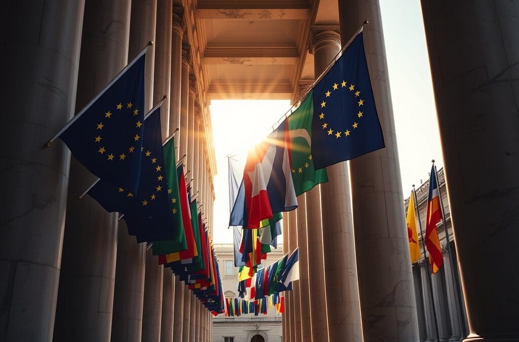 A row of European Union member state flags hanging from a grand marble colonnade, seen from a low angle perspective with dramatic perspective lines converging toward a bright sky. Shot on 35mm lens with deep depth of field. Natural golden hour sunlight filtering through the columns with warm amber highlights on stone surfaces. Color graded with deep navy shadows and emerald accent light. Professional editorial photograph, photojournalism aesthetic. Subject centered in middle third of frame. No text, no letters, no words, no writing, no signs, no labels, no watermarks, no logos, no typography, no numbers on surfaces.