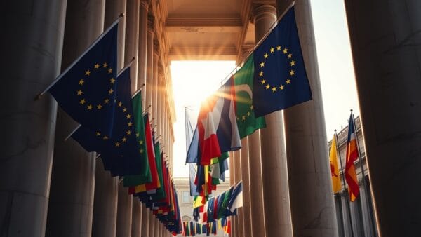 A row of European Union member state flags hanging from a grand marble colonnade, seen from a low angle perspective with dramatic perspective lines converging toward a bright sky. Shot on 35mm lens with deep depth of field. Natural golden hour sunlight filtering through the columns with warm amber highlights on stone surfaces. Color graded with deep navy shadows and emerald accent light. Professional editorial photograph, photojournalism aesthetic. Subject centered in middle third of frame. No text, no letters, no words, no writing, no signs, no labels, no watermarks, no logos, no typography, no numbers on surfaces.