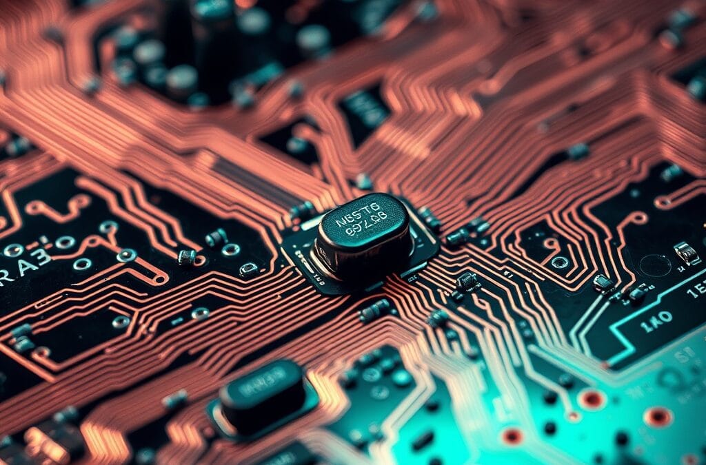 A complex circuit board photographed in extreme macro, with intricate copper traces forming maze-like patterns, tiny capacitors and resistors catching emerald-tinted reflections. Shot on 85mm macro lens with shallow depth of field. Cool overhead studio lighting with focused emerald accent light raking across the board surface. Color graded with deep navy shadows and emerald accent light. Professional editorial photograph, technology product aesthetic. Subject centered in middle third of frame. No text, no letters, no words, no writing, no signs, no labels, no watermarks, no logos, no typography, no numbers on surfaces.