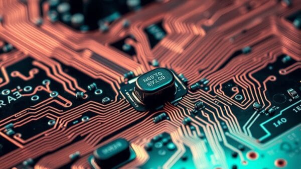 A complex circuit board photographed in extreme macro, with intricate copper traces forming maze-like patterns, tiny capacitors and resistors catching emerald-tinted reflections. Shot on 85mm macro lens with shallow depth of field. Cool overhead studio lighting with focused emerald accent light raking across the board surface. Color graded with deep navy shadows and emerald accent light. Professional editorial photograph, technology product aesthetic. Subject centered in middle third of frame. No text, no letters, no words, no writing, no signs, no labels, no watermarks, no logos, no typography, no numbers on surfaces.