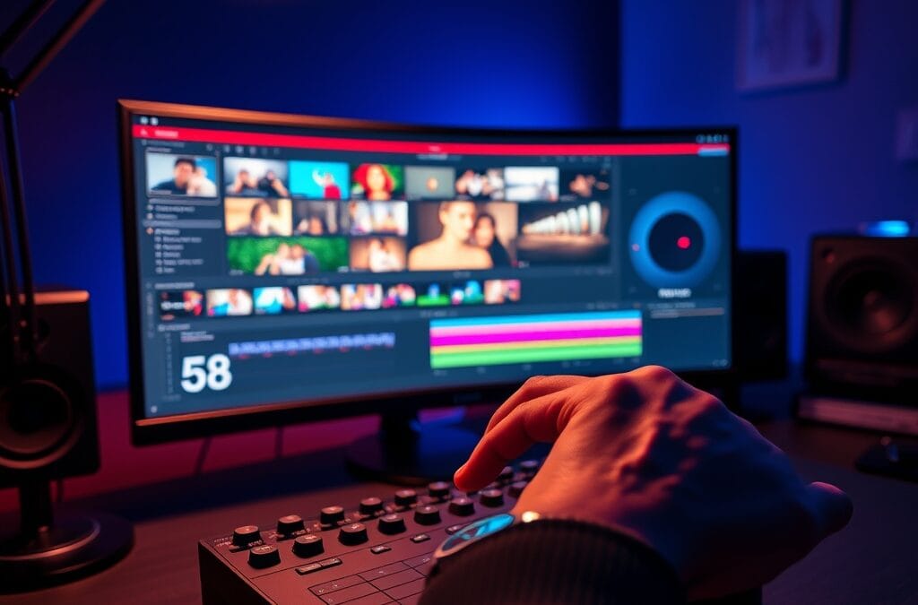 A professional video editing workspace with a wide curved monitor displaying a colorful timeline with multiple video and audio tracks, a color grading wheel visible on screen, with a hand resting on a precision editing dial controller. Shot on 35mm lens with deep depth of field. Warm desk lamp lighting with cool blue ambient monitor glow creating dual-tone atmosphere. Color graded with deep navy shadows and rose undertones. Professional editorial photograph, documentary aesthetic. Subject centered in middle third of frame. No text, no letters, no words, no writing, no signs, no labels, no watermarks, no logos, no typography, no numbers on surfaces.