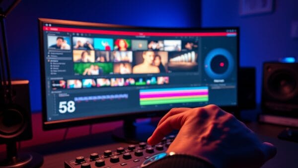 A professional video editing workspace with a wide curved monitor displaying a colorful timeline with multiple video and audio tracks, a color grading wheel visible on screen, with a hand resting on a precision editing dial controller. Shot on 35mm lens with deep depth of field. Warm desk lamp lighting with cool blue ambient monitor glow creating dual-tone atmosphere. Color graded with deep navy shadows and rose undertones. Professional editorial photograph, documentary aesthetic. Subject centered in middle third of frame. No text, no letters, no words, no writing, no signs, no labels, no watermarks, no logos, no typography, no numbers on surfaces.