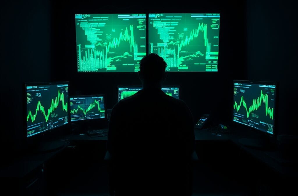 A dark room illuminated by multiple computer screens showing abstract data visualizations in green and blue tones, a silhouette of a person seen from behind sitting at the desk, cables and hardware scattered around. Shot on 35mm lens with deep depth of field. Cool overhead ambient light with emerald screen glow casting dramatic shadows on walls. Color graded with deep navy shadows and emerald accent light. Professional editorial photograph, photojournalism aesthetic. Subject centered in middle third of frame. No text, no letters, no words, no writing, no signs, no labels, no watermarks, no logos, no typography, no numbers on surfaces.