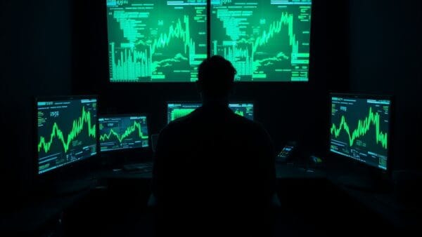 A dark room illuminated by multiple computer screens showing abstract data visualizations in green and blue tones, a silhouette of a person seen from behind sitting at the desk, cables and hardware scattered around. Shot on 35mm lens with deep depth of field. Cool overhead ambient light with emerald screen glow casting dramatic shadows on walls. Color graded with deep navy shadows and emerald accent light. Professional editorial photograph, photojournalism aesthetic. Subject centered in middle third of frame. No text, no letters, no words, no writing, no signs, no labels, no watermarks, no logos, no typography, no numbers on surfaces.