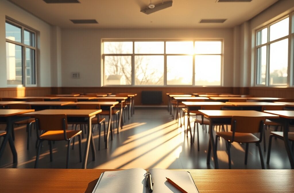 A bright modern classroom with rows of empty wooden desks and chairs, warm sunlight streaming through large windows casting long geometric shadows across the floor, a single open notebook and pencil on the front desk. Shot on 35mm lens with deep depth of field. Natural window light with golden hour warmth and soft amber highlights on wood surfaces. Color graded with deep navy shadows and amber highlights. Professional editorial photograph, documentary aesthetic. Subject centered in middle third of frame. No text, no letters, no words, no writing, no signs, no labels, no watermarks, no logos, no typography, no numbers on surfaces.
