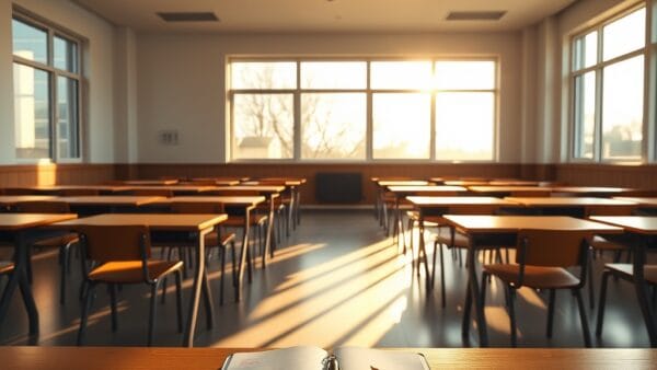 A bright modern classroom with rows of empty wooden desks and chairs, warm sunlight streaming through large windows casting long geometric shadows across the floor, a single open notebook and pencil on the front desk. Shot on 35mm lens with deep depth of field. Natural window light with golden hour warmth and soft amber highlights on wood surfaces. Color graded with deep navy shadows and amber highlights. Professional editorial photograph, documentary aesthetic. Subject centered in middle third of frame. No text, no letters, no words, no writing, no signs, no labels, no watermarks, no logos, no typography, no numbers on surfaces.