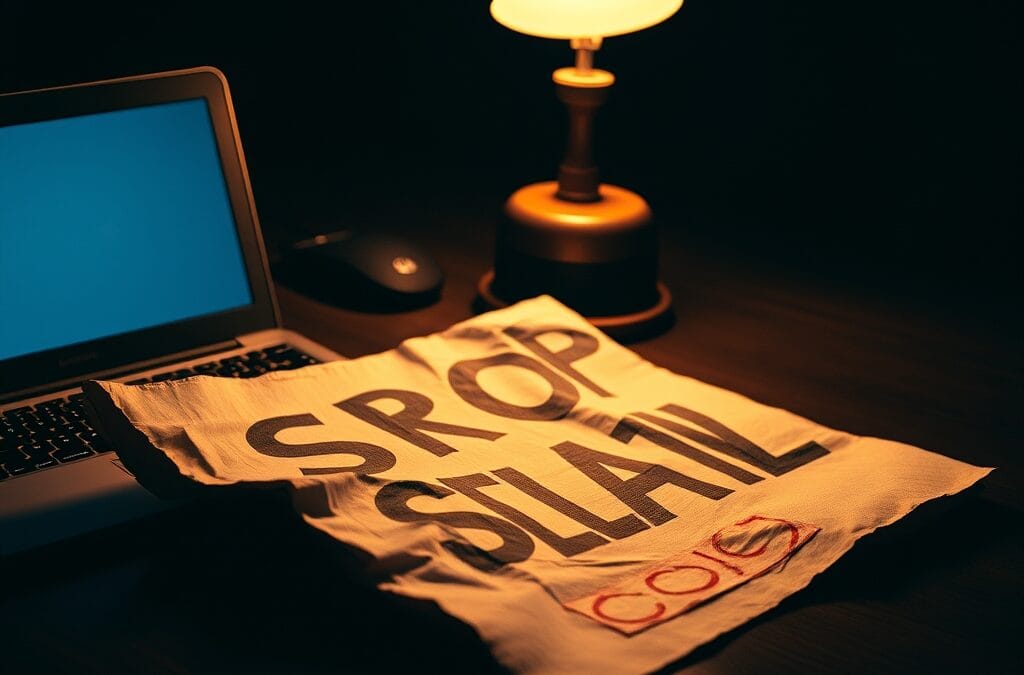 A crumpled protest sign lying on a dark wooden desk next to a closed laptop, dramatic shadows cast by a single desk lamp. Shot on 35mm lens with shallow depth of field. Warm amber desk lamp lighting with cool blue ambient fill. Color graded with deep navy shadows and warm amber highlights. Professional editorial photograph, photojournalism aesthetic. Subject centered in middle third of frame. No text, no letters, no words, no writing, no signs, no labels, no watermarks, no logos, no typography, no numbers on surfaces.