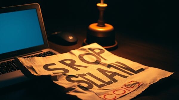 A crumpled protest sign lying on a dark wooden desk next to a closed laptop, dramatic shadows cast by a single desk lamp. Shot on 35mm lens with shallow depth of field. Warm amber desk lamp lighting with cool blue ambient fill. Color graded with deep navy shadows and warm amber highlights. Professional editorial photograph, photojournalism aesthetic. Subject centered in middle third of frame. No text, no letters, no words, no writing, no signs, no labels, no watermarks, no logos, no typography, no numbers on surfaces.