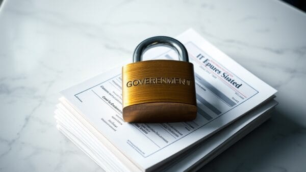 A heavy brass padlock resting on top of a stack of printed government documents, viewed from above on a clean marble surface. Shot on 50mm lens with shallow depth of field. Cool overhead fluorescent lighting with natural window light from the left. Color graded with deep navy shadows and steel blue accent light. Professional editorial photograph, documentary aesthetic. Subject centered in middle third of frame. No text, no letters, no words, no writing, no signs, no labels, no watermarks, no logos, no typography, no numbers on surfaces.